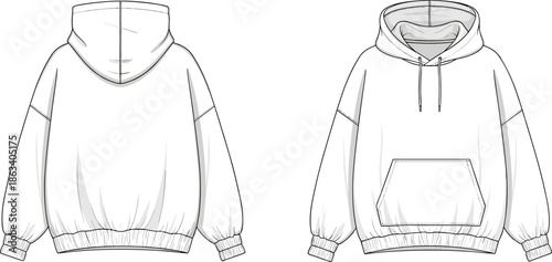 Oversized hoodie technical sketch for women, front and back view of drop shoulder hooded sweatshirt with pocket, fashion flat template vector illustration,