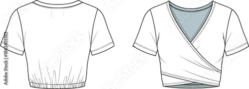 Women's v-neck wrap crop top technical sketch, front and back view of short sleeve ballet style shirt, apparel fashion flat template vector,