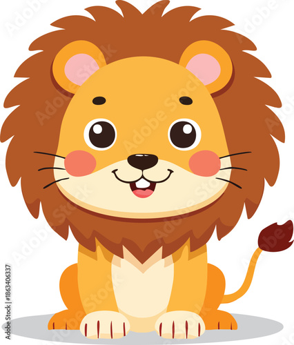 A cartoon lion with a big mane sitting on a gray surface with a friendly expression