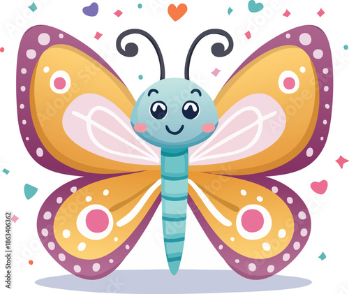 A vibrant cartoon butterfly with colorful wings and whimsical design floating amidst playful shapes
