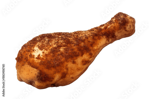 Crispy roasted chicken drumstick with seasoning, a popular fast food or snack, isolated on transparent background