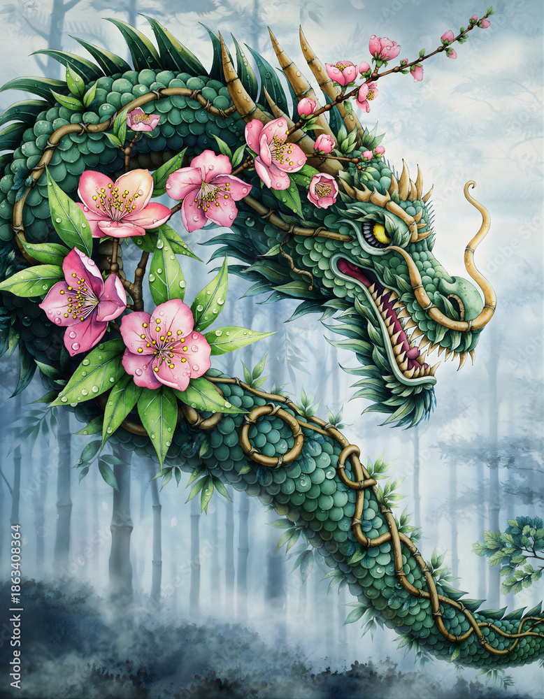 Fototapeta premium Enchanting Emerald Dragon Adorned with Pink Cherry Blossoms in a Misty Forest Landscape