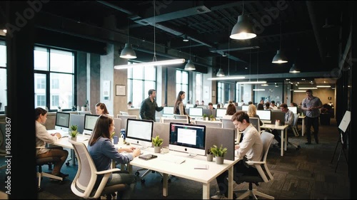 Diverse group of professionals engaged in brainstorming session, one person writing on glass board while others observe, showcasing collaborative work environment, modern office routine, team work