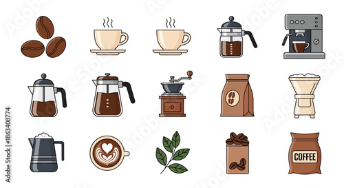 Coffee Cups Beans and Brewing Equipment Icons.