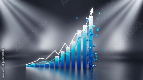 Blue financial graph shows growth and success with upward trending line.