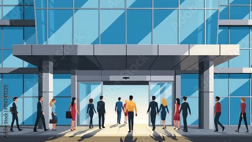 Business People Entering Modern Office Building Illustration.