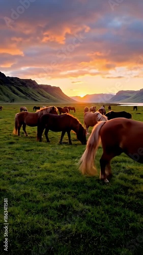 Herd of Horses Grazing at Sunset Golden Hour Cinematic Footage