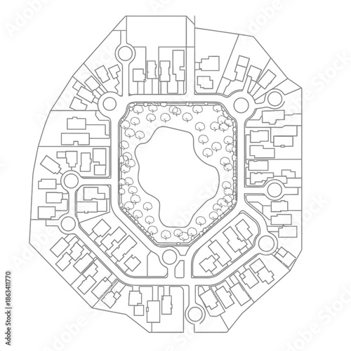 Urban Planning Design Residential Neighborhood with Central Park.