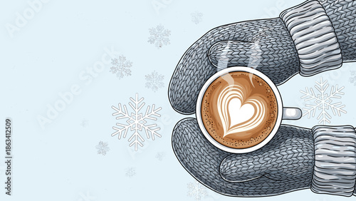 Warm Winter Drink: Hands in Mittens Holding Coffee with Heart Latte Art