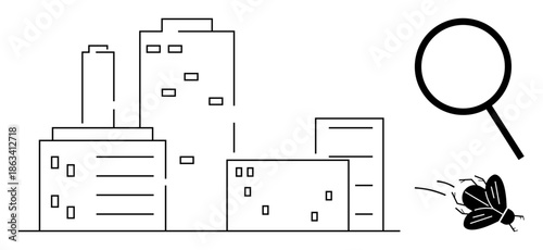 Cityscape with buildings, flying insect, large magnifying glass emphasizing observation and investigation. Ideal for pest management, inspection, urban issues, environmental research, cleanliness