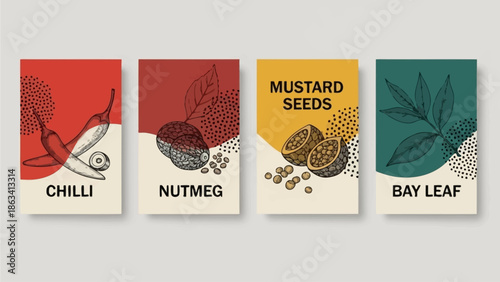 Minimalist Gourmet Spice Packaging Design with Botanical Illustrations