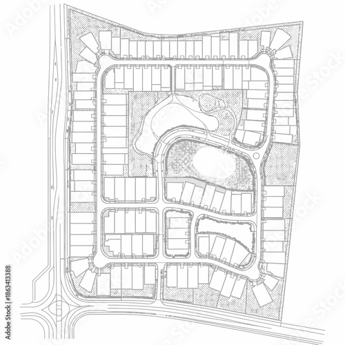 Aerial View of Residential Subdivision Plan with Streets and Homes.