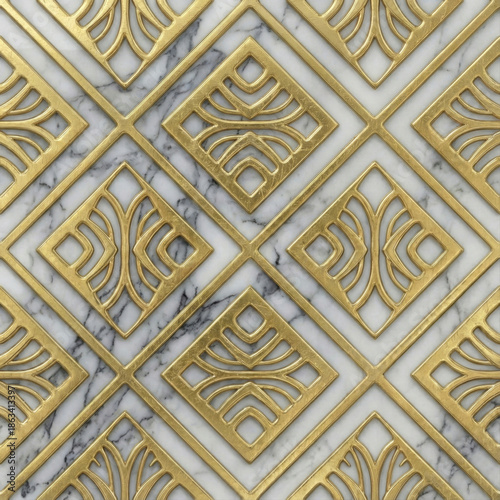 Gold Art Deco Lattice on White Marble Seamless Pattern