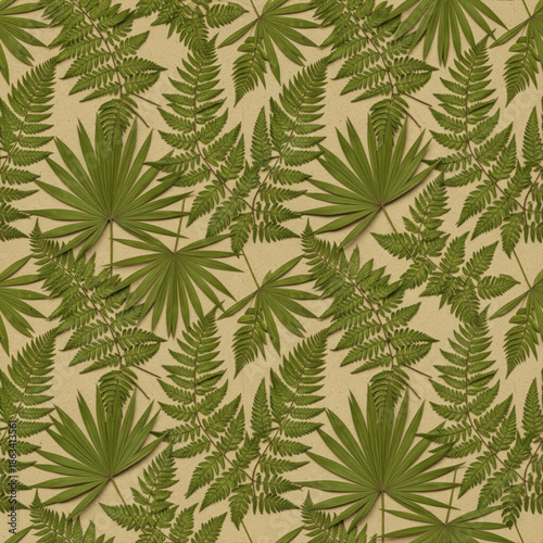 Vintage Green Fern Leaves on Kraft Paper Seamless Pattern