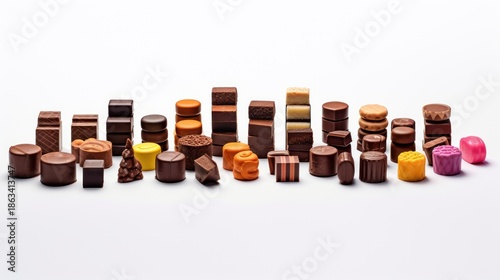 Assortment of gourmet chocolates arranged on a white surface, various shapes and sizes.