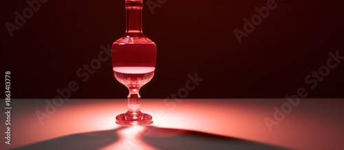 A single glass bottle filled with red liquid illuminated by red light.