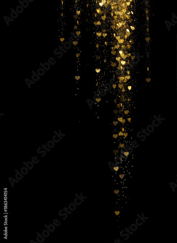 Golden Heart Confetti cascade on dark backdrop - Love and Celebration Concept for Luxury Design, Romantic Themes & Festive Imagery.