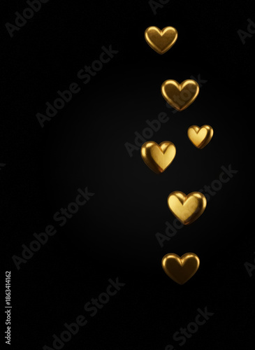 Golden Hearts in the Dark - Symbol of Love and Affection in Glossy Abstract against a dark background, Suitable for Romantic Designs, Valentine's Day Projects and Digital Art
