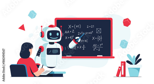 AI Robot Teacher Explaining Math Equations to Student in Classroom.