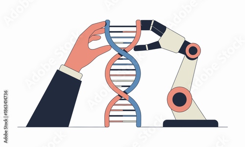 Human hand and robotic arm working together on DNA structure.