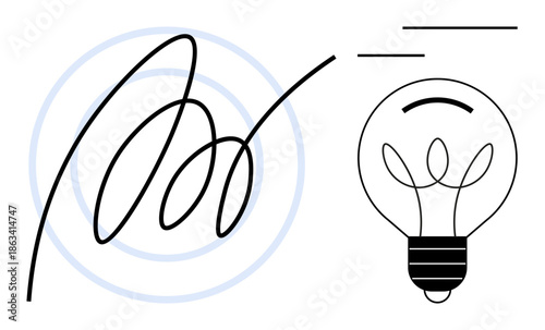 Creativity, innovation, identity verification, design, branding, invention. Minimalist lightbulb with loops and abstract signature-thumbs up lines. Creativity and innovation by signature and bulb