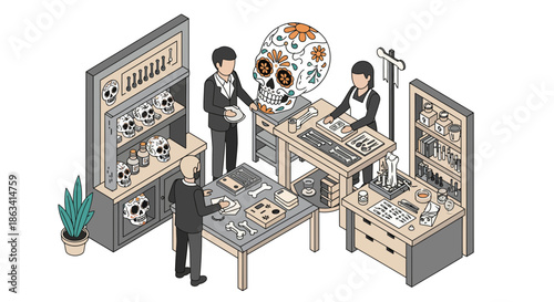 Isometric illustration of a shop with people and decorative skulls showcasing art and design.