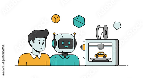 Man and robot collaborating on 3D printing a car model with technology.