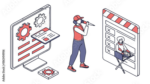 Project Management Isometric Concept, Woman with Megaphone and Checklist,  An isometric vector illustration showing a woman with a megaphone overseeing a project management process with a computer 