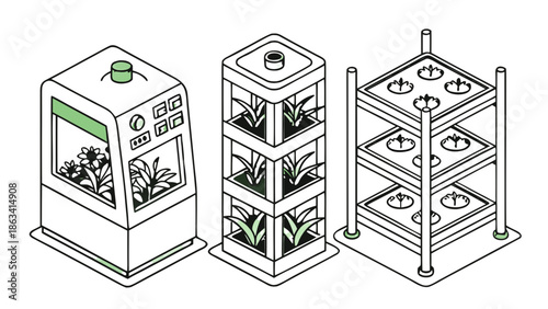 Smart Hydroponic Farming Units, Automated Planters, Isometric Vector, An isometric vector illustration set of three automated gardening units. Includes an enclosed smart grow cabinet, a multi-level