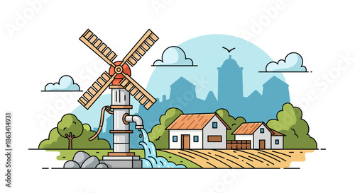 Rural windmill pumping water near houses a serene countryside scene.