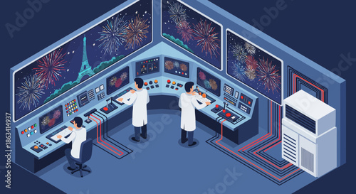 Scientists in a control room monitoring a complex fireworks display.