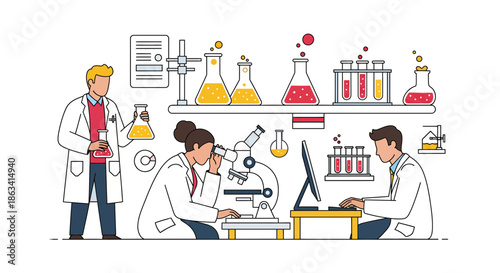Scientists working in a laboratory conducting experiments and research with equipment.