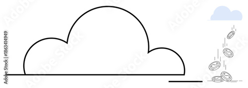 Cloud computing, online earnings, digital transactions, technology, data storage, remote access. Minimalist cloud with coins falling. Cloud computing and online earnings concepts