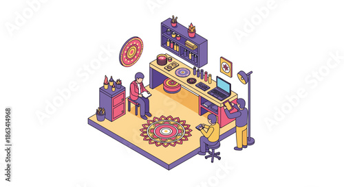 Tattoo studio interior with people working and equipment ready for use.