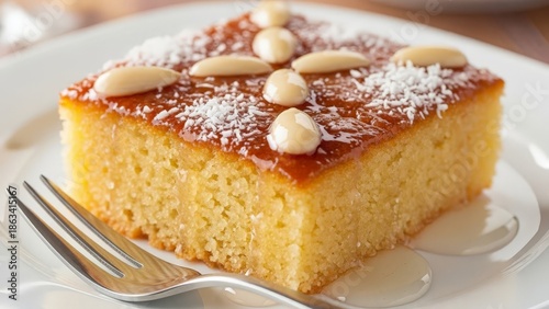 A delicious slice of Basbousa semolina cake garnished with almonds and coconut