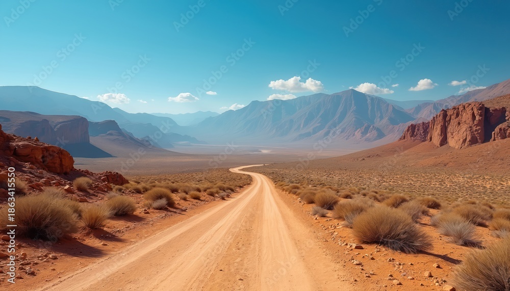 Fototapeta premium Empty dirt road winds through arid desert landscape with rugged mountains under clear blue sky. Sparse dry bushes dot the sandy terrain. Vast open space invites exploration and adventure.