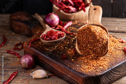 Chili powder in a wooden bowl and with a wooden spoon, along with garlic, shallots, and a mix of Asian spices, are arranged on a wooden table, conveying the concept of spicy food.