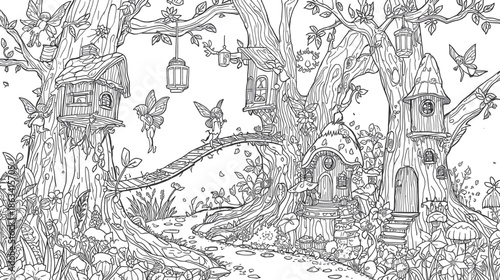 Intricate Line Art of Enchanted Fairy Village in a Magical Forest