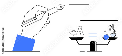 Decision-making concept. Decision ed through a hand writing and financial balance scale with money, house, and heart symbols. Decision-making in finance, investments, life balance, negotiations