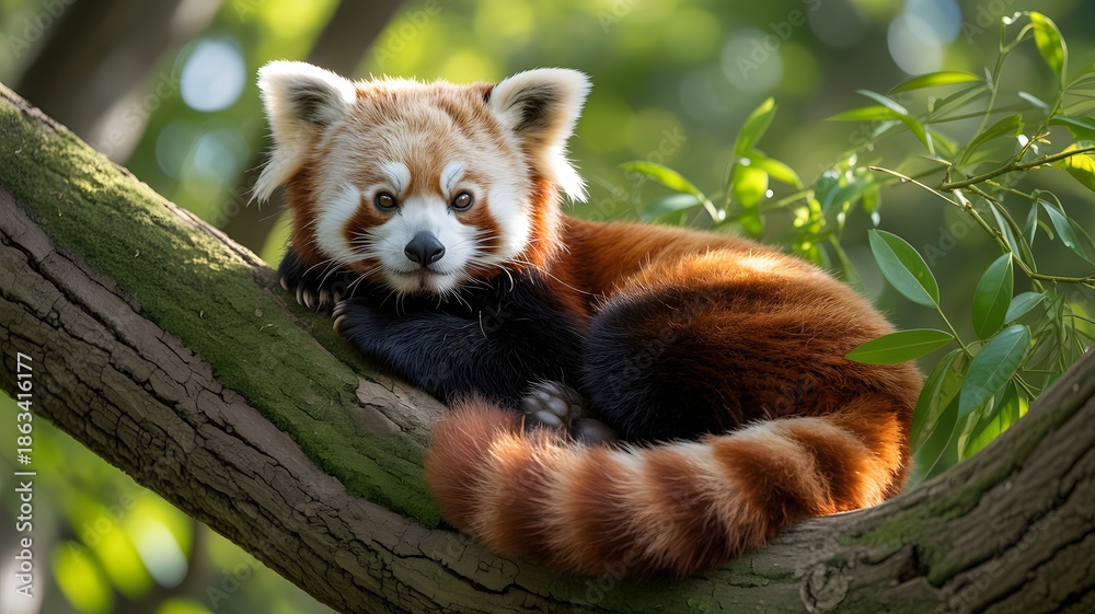 Fototapeta premium Red panda resting on tree branch in forest