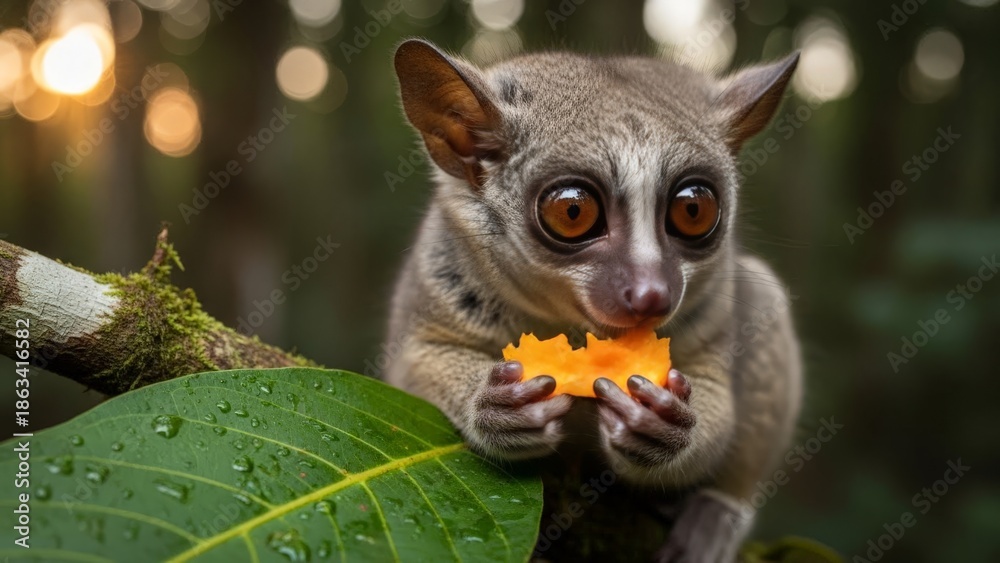 Fototapeta premium Adorable Bushbaby Eating Fruit on a Wet Leafy Branch