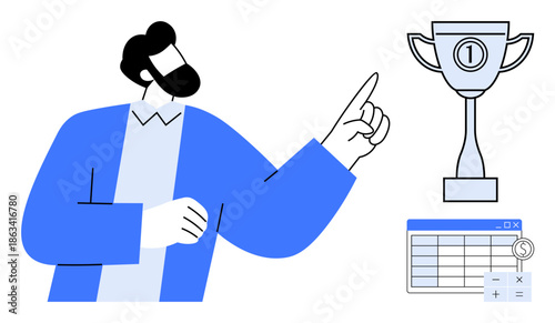 Business success concept. Visualizing achievement and performance tracking with a trophy, spreadsheet, and professional figure. Business success inspires goal setting. For corporate, productivity