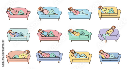 Woman Sleeping on Sofa Various Colors.