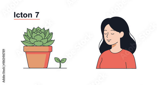 Woman with Potted Plant and Sprout Illustration.