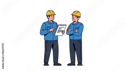 Two construction workers in hard hats discussing a document on a clipboard with serious expressions