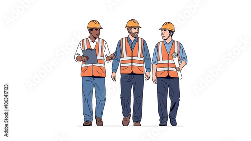 Three construction workers in hard hats and safety vests discussing plans while walking