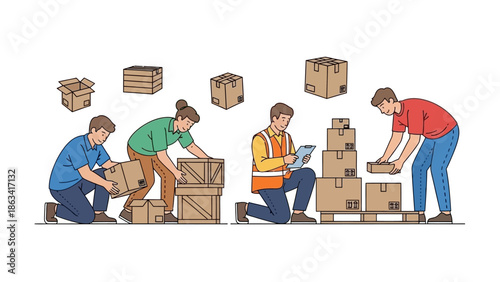 Logistics workers arranging and inspecting boxes on a pallet, illustrating efficient warehouse operations and inventory management