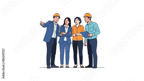 Team of four professionals discussing a project outdoors with a focus on collaboration and strategic planning