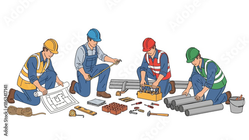 Construction workers collaborating on a building project, examining blueprints and tools