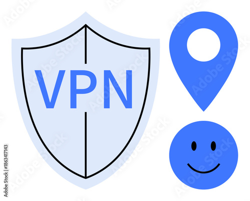 VPN security concept. VPN icon s secure internet access and privacy. VPN ensures safety while using the web, masking location and encrypting data. For digital protection, privacy apps, cybersecurity